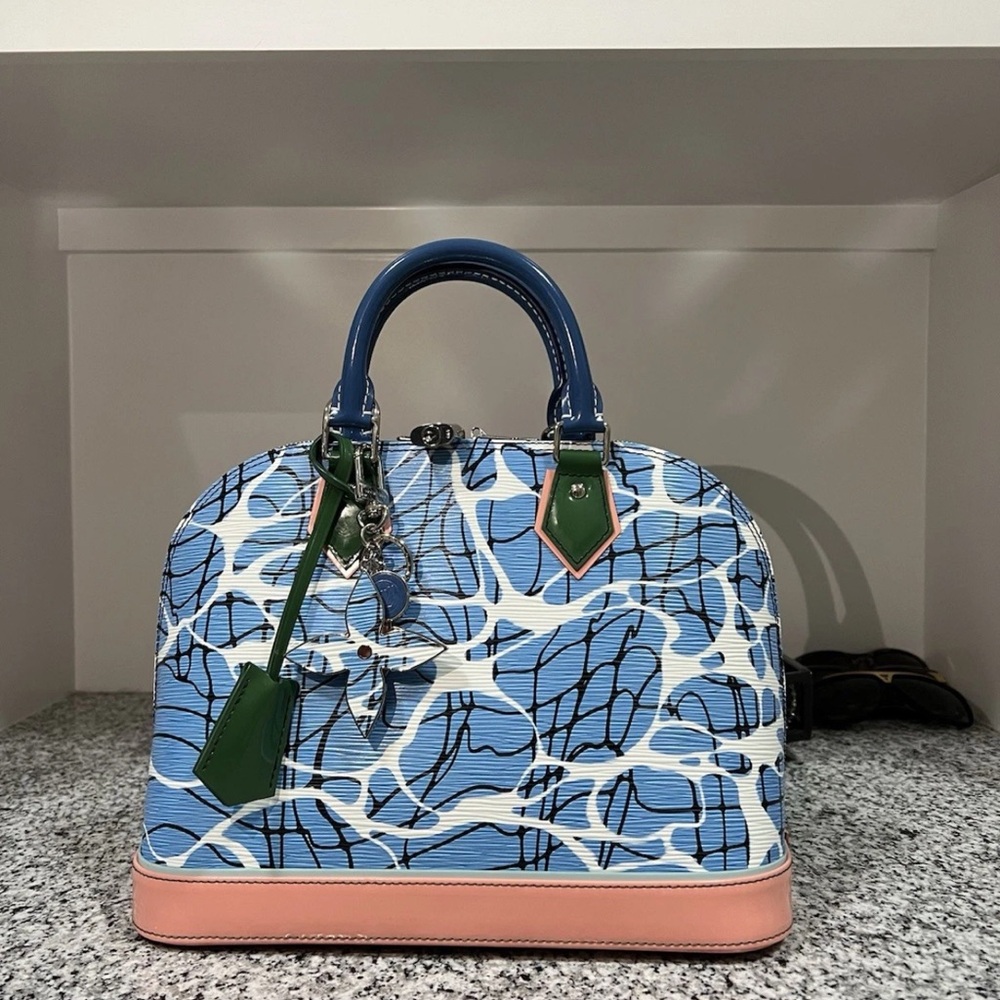 100% Authentic! LOUIS VUITTON Alma BB Aqua Print Epi Leather Crossbody Bag Blue - Picture 1 of 5